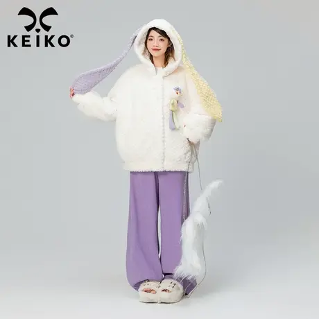 KEIKO 仿兔绒兔耳朵连帽外套女2023冬季环保皮草毛绒夹棉棉袄棉服商品大图