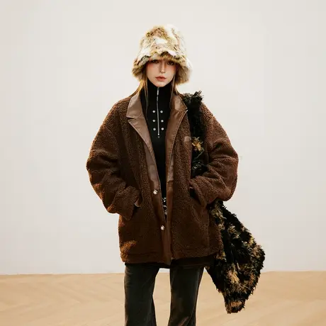 复古夹棉羊羔毛外套2023冬季设计感拼接棉服女小个子美拉德棉衣商品大图