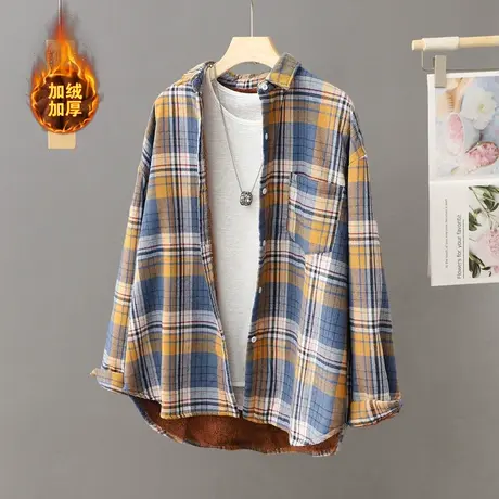 加绒加厚格子衬衫外套女冬装2023年新款POLO领长袖衬衣开衫上衣服商品大图
