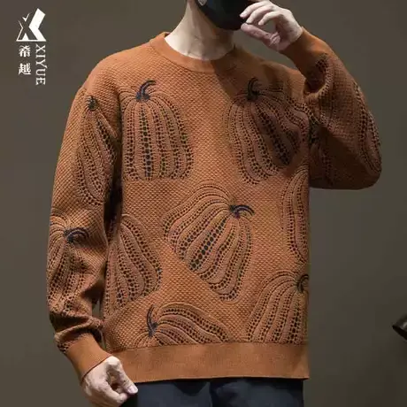 希越男士针织毛衣日系复古宽松大码南瓜色圆领线衣冬季新款打底衫商品大图