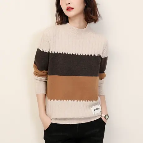 新品8.5折】复古半高领条纹套头毛衣女外穿打底针织衫厚图片