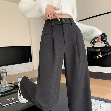 灰色高级感毛呢西装裤子女秋冬2023新款高腰垂感小个子直筒阔腿裤商品大图