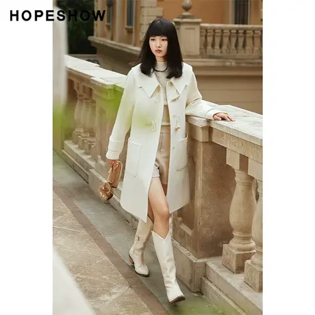 红袖outlets米白色牛角扣大衣hopeshow2023冬款学院风翻领外套女商品大图