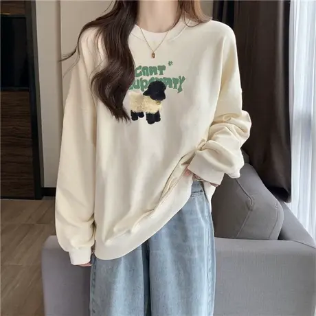 加绒加厚圆领无帽长袖卫衣女秋冬装休闲韩版宽松显瘦学生上衣外套商品大图