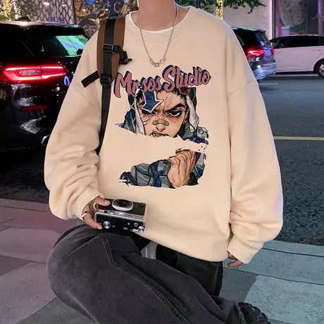 港风套头宽松圆领秋冬季卫衣男潮ins无帽外套美式潮牌长袖打底衫t图片