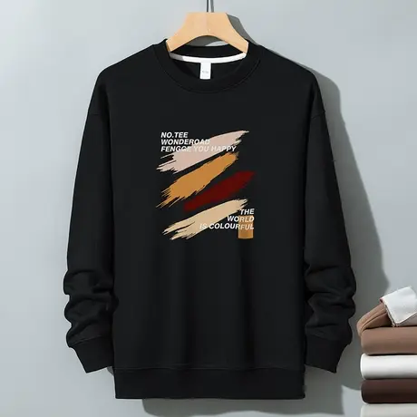 350g美式重磅卫衣男秋冬款摇粒绒加厚无帽长袖t恤黑色圆领打底衫商品大图