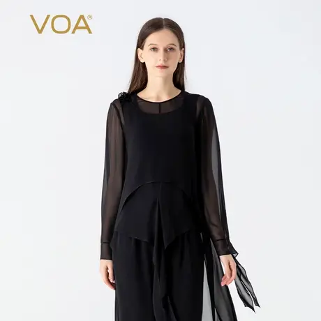 VOA桑蚕丝乔其纱黑色圆领衬衫袖木耳边假两件长款披风式真丝T恤女图片