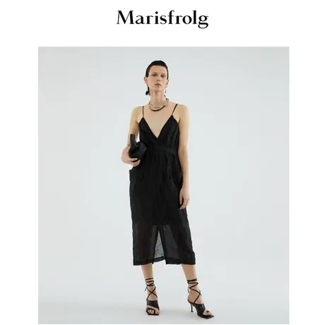 玛丝菲尔夏季新款吊带性感优雅深v小黑裙黑色桑蚕丝连衣裙女商品大图