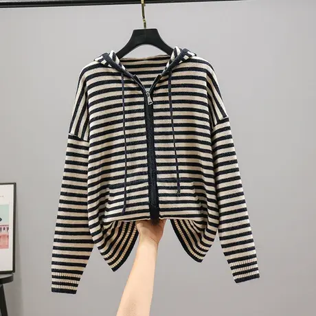 22061新款韩版宽松条纹拉链长袖女士开衫外套毛衣连帽衫上衣女商品大图