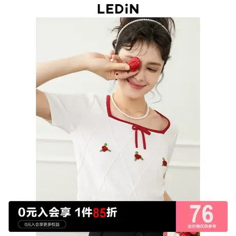 乐町撞边方领短袖女2023年夏季新品女装立体花朵修身针织T恤商品大图