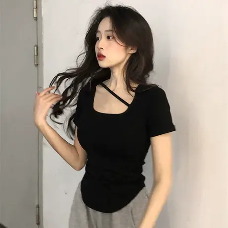 ins风白色短袖t恤女2023年新款夏季黑色设计感短款上衣小众方领潮图片