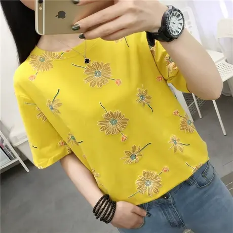 短袖女2023新款夏季白色t恤女圆领宽松韩版黄色上衣休闲ins体恤潮商品大图