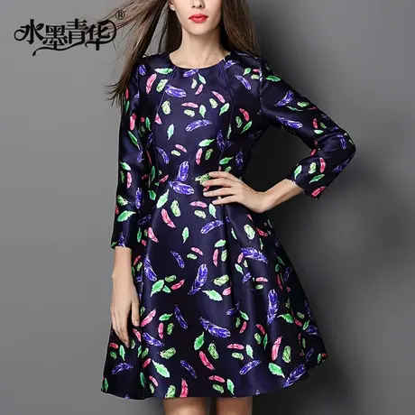 【1件7.9折】新款时尚印花优雅圆领显瘦大摆欧洲站长袖连衣裙商品大图