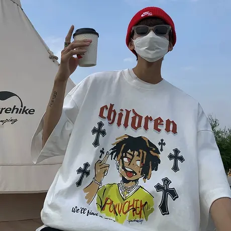 纯棉复古白色短袖T恤男夏季宽松ins卡通印花chic港风半袖超火上衣商品大图