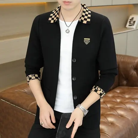 春秋冬烫钻提花毛衣开衫男韩版时尚简约针织毛衣衫休闲薄外套上衣商品大图