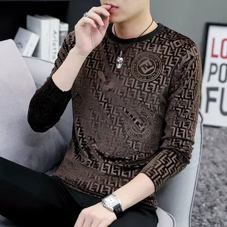 t恤男士长袖韩版金丝绒复古上衣潮流秋季高端打底衫新款圆领卫衣商品大图