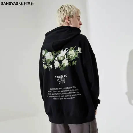 木村三社SANSYAS 白色花朵美式卫衣女爆款小众情侣秋冬款连帽外套商品大图