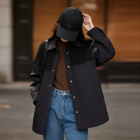 时尚气质棉服2023年冬季新款女拼接菱格百搭通勤个性韩版加棉外套商品大图