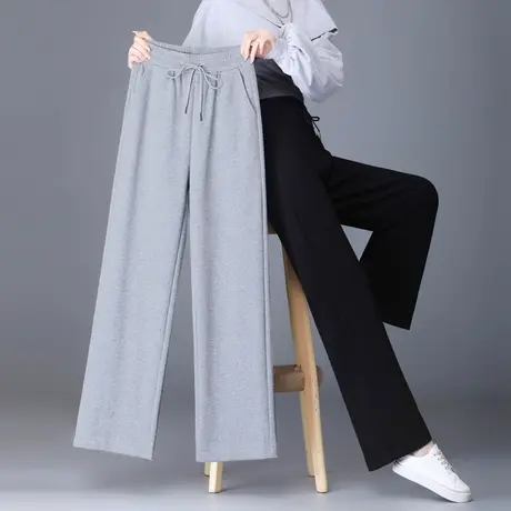 灰色运动裤女春秋宽松阔腿裤秋冬加绒大码休闲直筒裤卫裤针织裤子商品大图