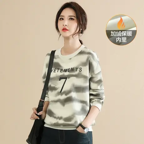韩潮袭人圆领印花加绒卫衣女2023冬季新款休闲显瘦上衣设计感图片
