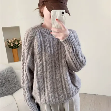 温柔风纯色麻花套头毛衣女秋冬季新款加厚长袖内搭打底针织衫上衣商品大图