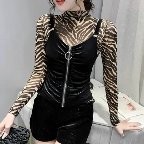 假两件拉链T恤女长袖2024秋冬新款网纱拼接半高领上衣洋气打底衫图片