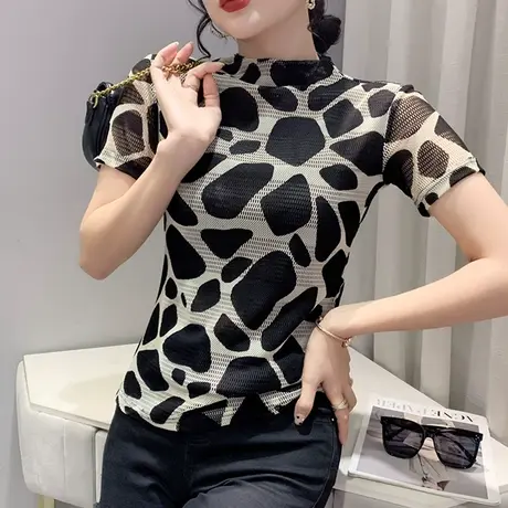 欧货撞色T恤女短袖性感网纱半高领上衣2024新款修身内搭打底小衫商品大图