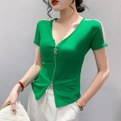 网红女装2024新款时尚设计感拉链上衣气质V领修身T恤百搭镂空小衫图片