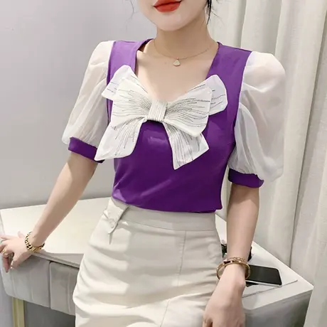 网纱拼接泡泡袖T恤女短袖时尚洋气方领上衣时尚蝴蝶结小衫夏装ins商品大图