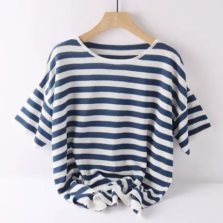 冰丝条纹海魂衫短袖T恤针织衫休闲款宽松上衣女夏季半袖蓝色减龄商品大图