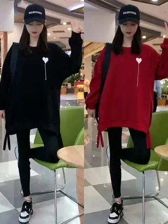 秋冬款大码爱心印花长袖加绒卫衣女宽松显瘦下摆开叉休闲加厚上衣商品大图