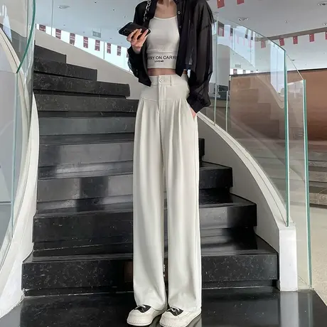 白色西装裤女春夏高腰显瘦高级感垂感休闲西裤窄版直筒拖地阔腿裤商品大图
