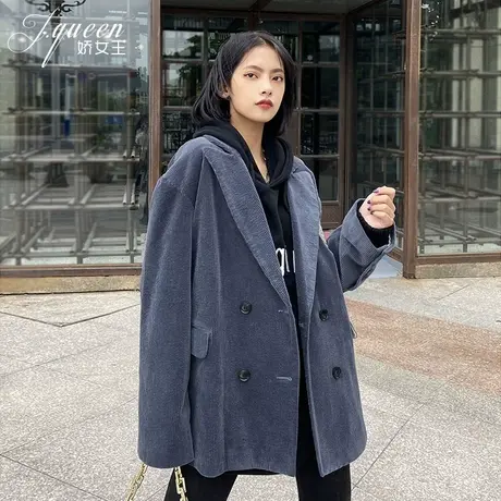 灯芯绒西装外套女秋冬新款复古港味宽松chic中长款条绒休闲小西服图片
