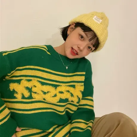 红续撞色软糯毛巾绣毛衣女保暖加厚针织衫日系复古慵懒风秋冬新款图片