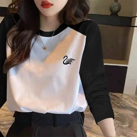 圆领长袖t恤女2023年早春新款韩版宽松撞色拼接上衣学生打底衫潮图片