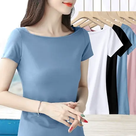 2024夏季新款t恤女清新雾霾蓝色一字领短袖纯棉百搭修身纯色上衣商品大图