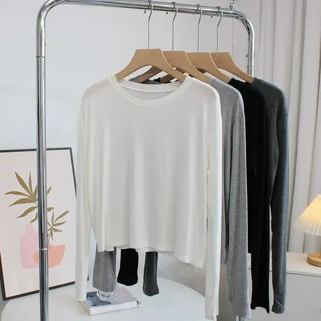 柔软短款莫代尔t恤上衣女春秋宽松圆领长袖内搭打底衫运动舞蹈服商品大图