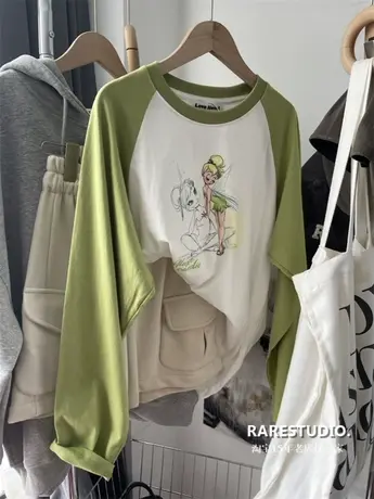 秋季新款插肩袖拼接精灵小飞象彩绘印花洋气休闲宽松纯棉长袖T恤商品大图