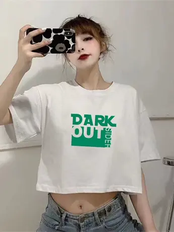 设计感小众正肩不规则圆领短袖T恤女夏辣妹短款高腰宽松显瘦上衣商品大图