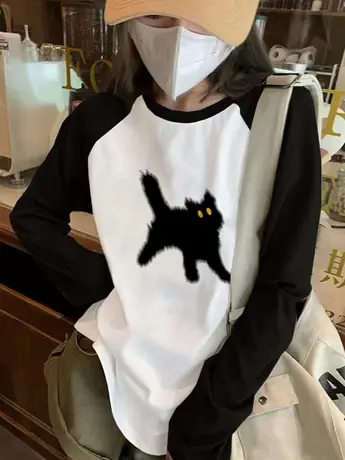 2023早秋新款女装仿棉长袖t恤冬季美式复古内搭打底衫撞色上衣服商品大图