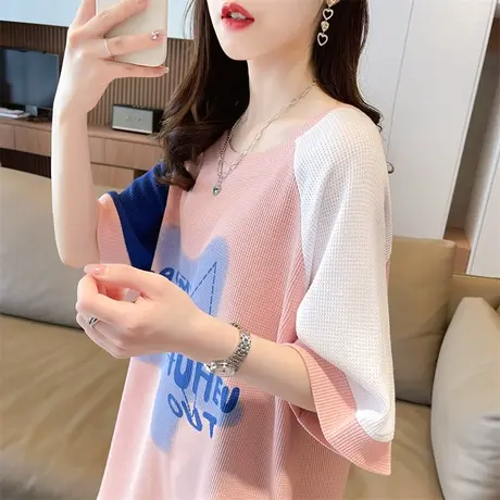 小众设计感短袖t恤女夏季韩版宽松大码中长款撞色半袖正肩上衣服图片