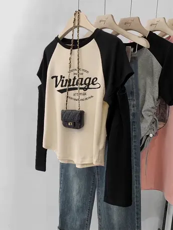 秋装打底衫美式复古oversize大码长袖T恤女ins潮小众断袖内搭上衣商品大图