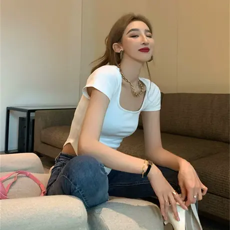 2024夏季新款打底小众短袖t恤女方领短款高腰辣妹紧身bm甜辣上衣商品大图