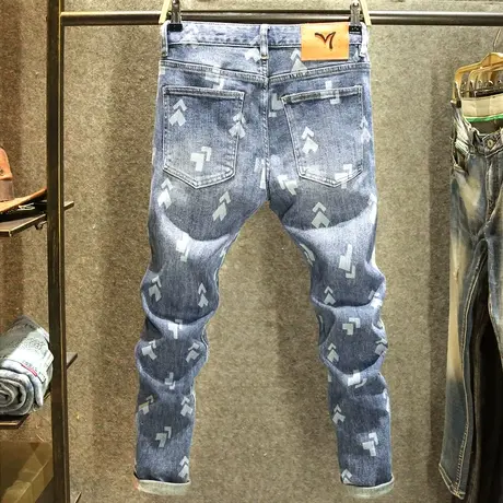 高级感图案烫印男士牛仔裤修身小直筒弹力裤子潮牌个性印花长裤子图片