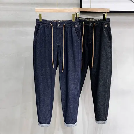 丹宁普洗深蓝色九分牛仔裤秋冬日系男士秋季直筒宽松休闲裤男裤子图片