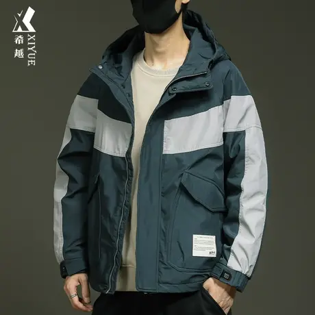 秋冬痞帅工装风连帽棉衣男士宽松大码撞色拼接户外保暖冲锋衣外套商品大图