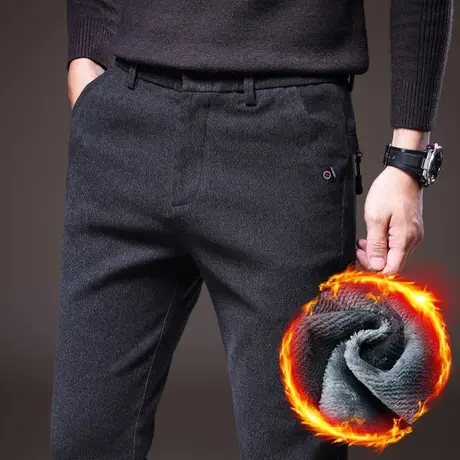 秋冬季毛呢西裤男士直筒宽松加绒加厚休闲长裤子男裤保暖外穿冬裤图片