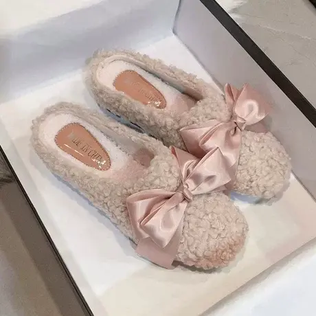 秋冬厚底内增高坡跟包头半拖毛毛棉拖鞋子仙女外穿保暖可爱蝴蝶结商品大图