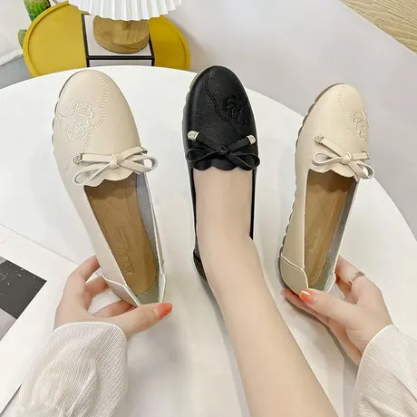 软底豆豆鞋绣花旗袍单鞋女夏季2023新款春秋妈妈鞋平底一脚蹬女鞋商品大图