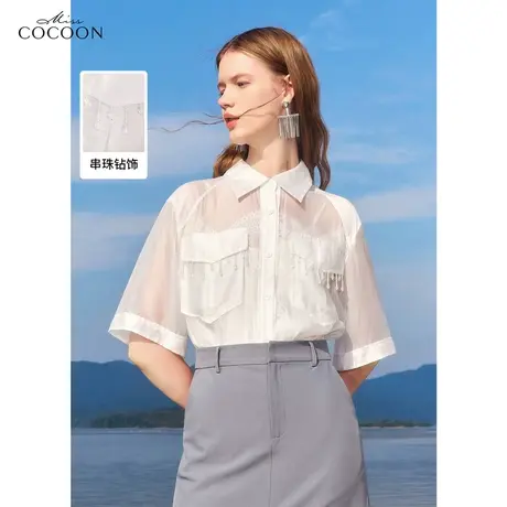missCOCOON法式纯色上衣2023夏季新款女时尚蕾丝休闲翻领短袖衬衫商品大图